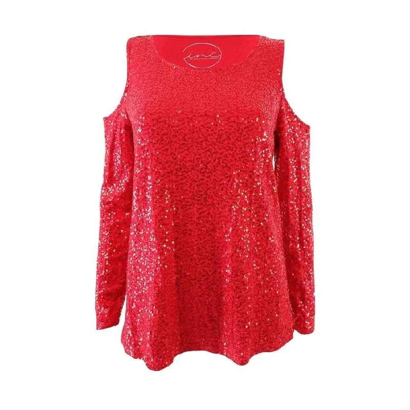 INC Women's Sequined Cold-Shoulder Top S, Real Red Feminine Women's Soft 