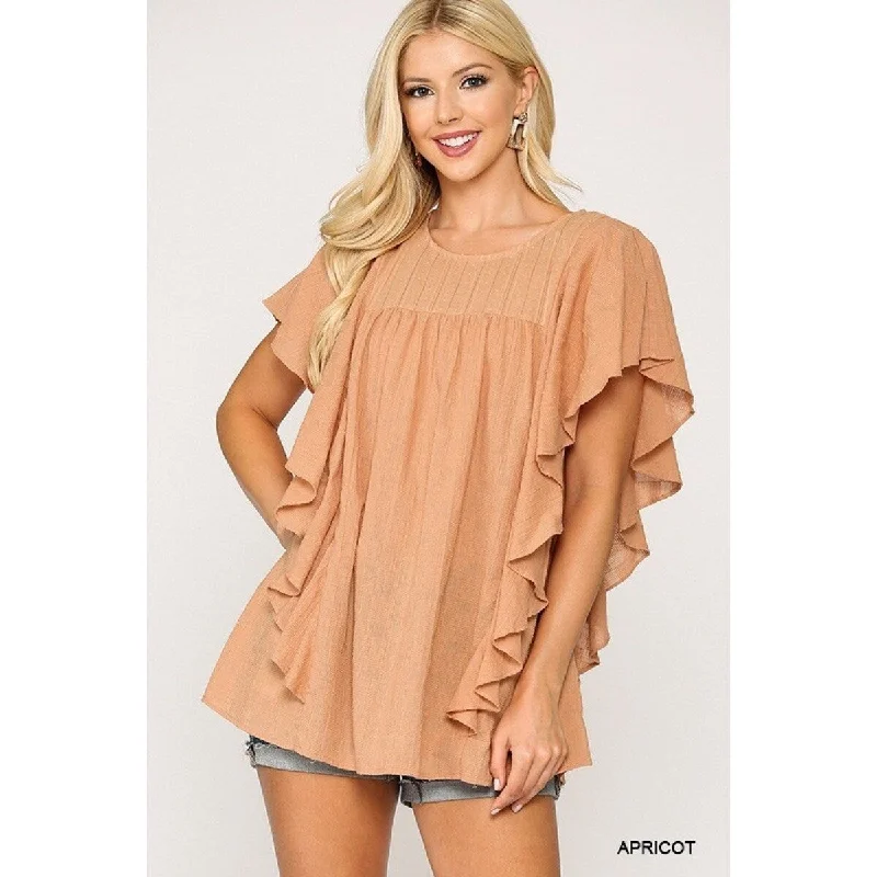 Apricot Rayon Textured Ruffle Sleeve Tunic Top with Back Keyhole Dynamic Women's High - energy Apricot Rayon Textured Ruffle Sleeve Tunic Top with Back Keyhole Dynamic Women's High - energy