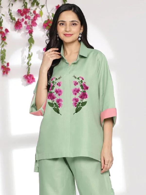 SageGreen CottonSlub ShirtTop - Orquidea Feminine Women's Soft 
