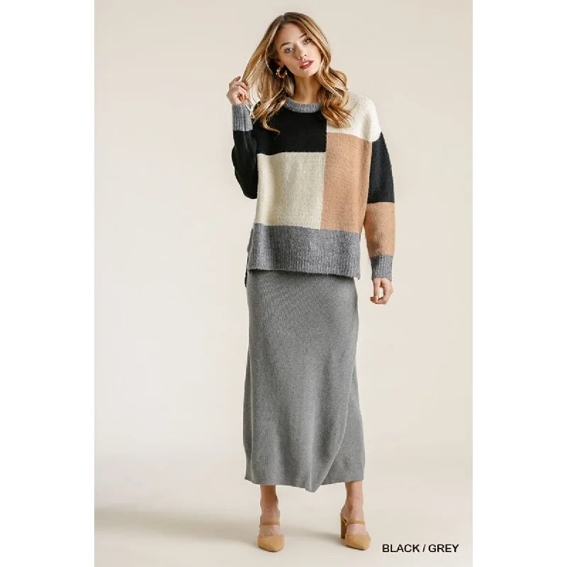 Black and Grey Colorblock Contrasted Cotton Fabric on Back Top with Side Slits and High Low Hem Practical Women's Quick - dry Black and Grey Colorblock Contrasted Cotton Fabric on Back Top with Side Slits and High Low Hem Practical Women's Quick - dry