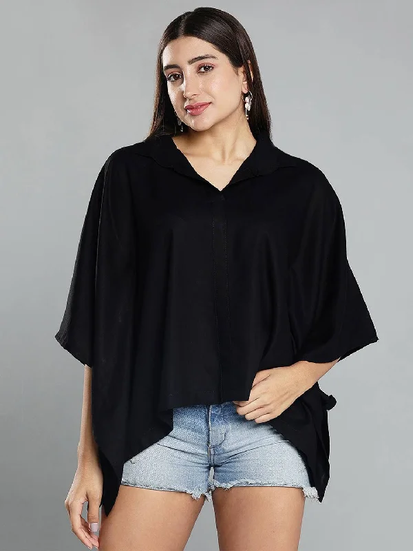 Black Kaftan Top - Ink Sketch Back Sleek Women's Metallic