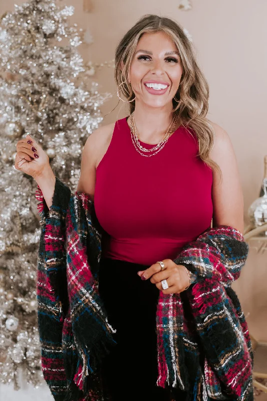 Must Have Seamless Tank Bodysuit, Burgundy Dapper Women's Bow - adorned