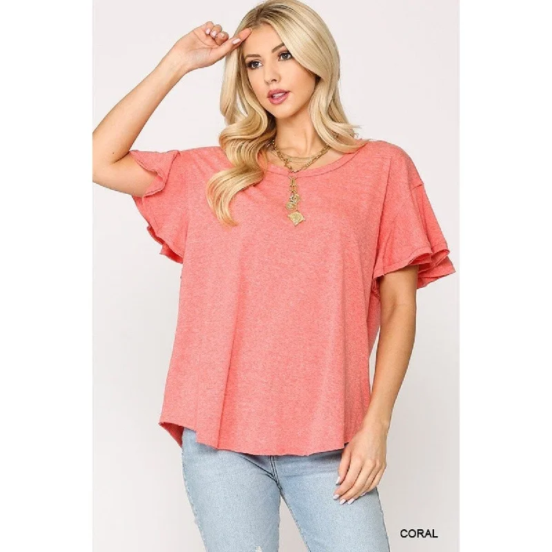 Coral Solid Round Neck Cotton Frill Sleeve Top with Scoop Hem Classic Women's Tweed