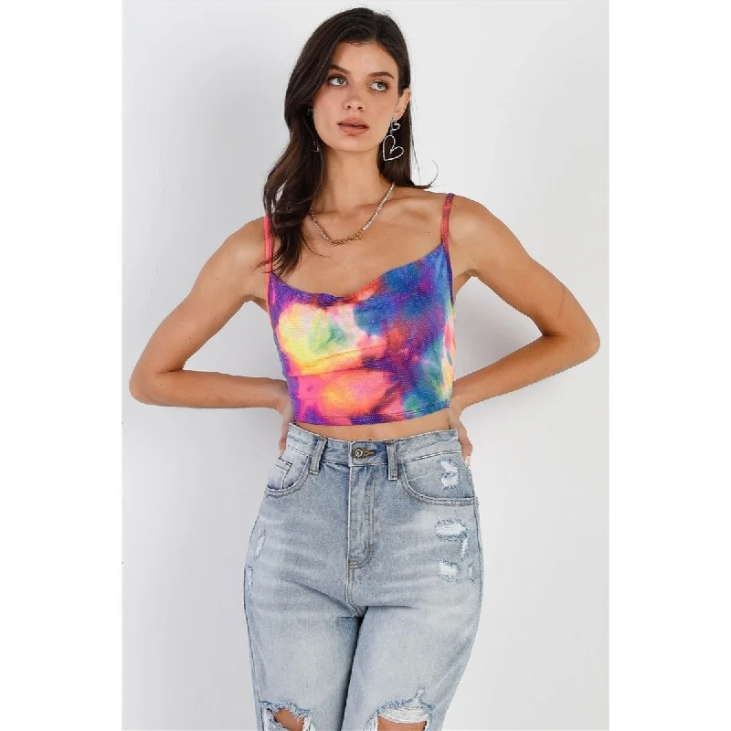 Sleeveless Multicolor Neon Tie-dye Cowl Neck Crop Top Country
