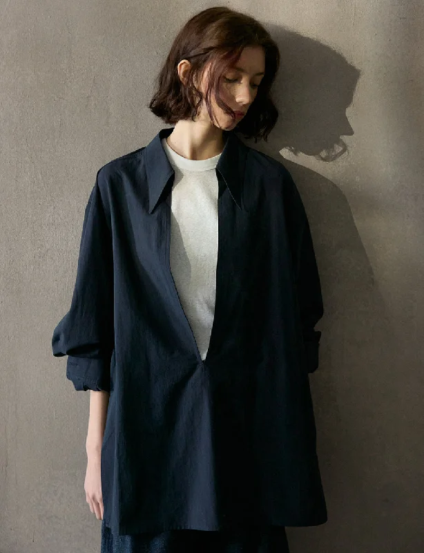 Navy Deep-V Collar Shirt Sophisticated Women's Tailored