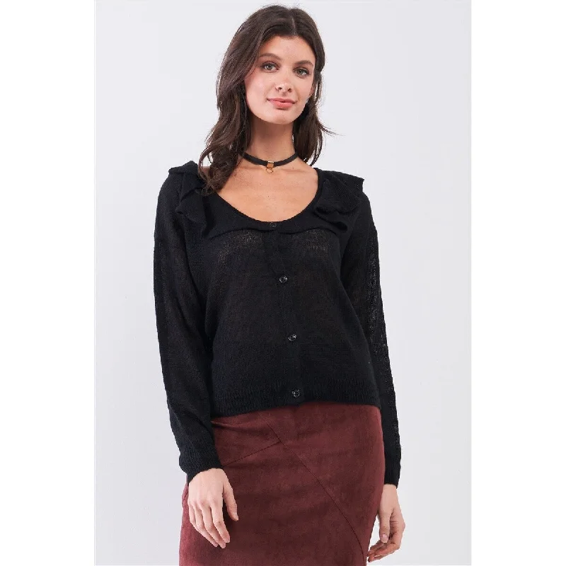 Black Acrylic Round Neck Bertha Collar Button Front Cardigan garde