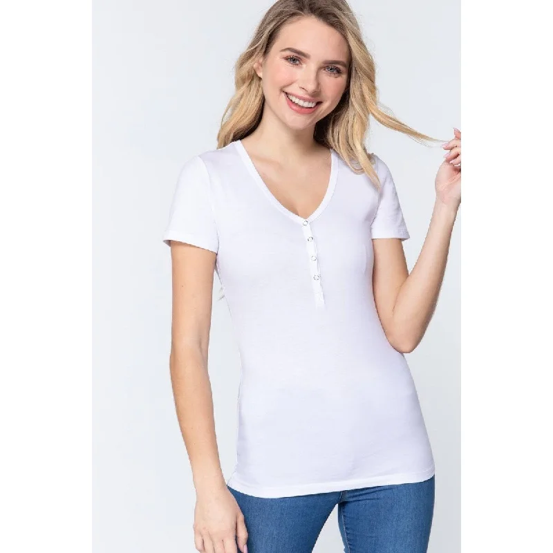 White Polyester Henley Knit Top Short Sleeve V-Neck Casual Women's Loose - fitting