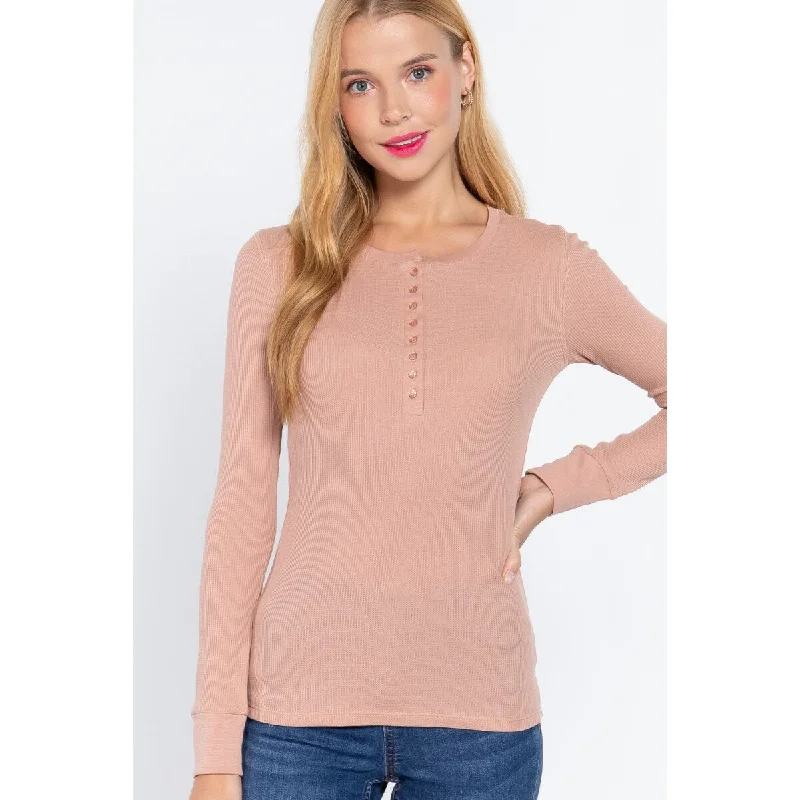 Long Sleeve Henley Thermal Top in Pale Blush Versatile for Any Occasion Monochromatic All - in - one Long Sleeve Henley Thermal Top in Pale Blush Versatile for Any Occasion Monochromatic All - in - one