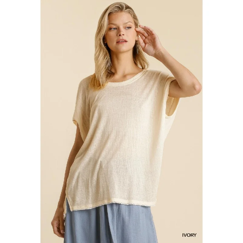 Short Sheer Dolman Sleeve Scoop Neck Top With Side Slit Feminine Women's Soft 