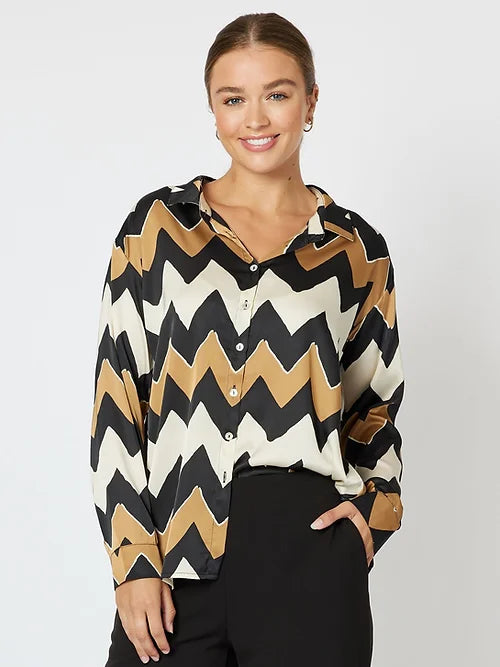 Bella Print Satin Shirt - Toffee Adventure
