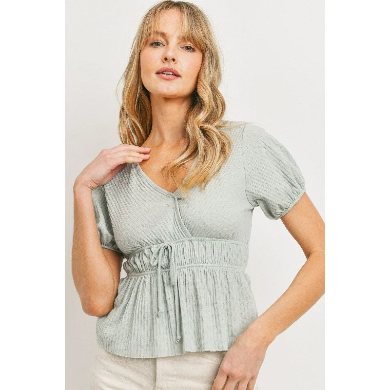 Front Tie Cut Edge Top Short Sleeves With Surplice Neckline Sophisticated Women's Tailored Front Tie Cut Edge Top Short Sleeves With Surplice Neckline Sophisticated Women's Tailored
