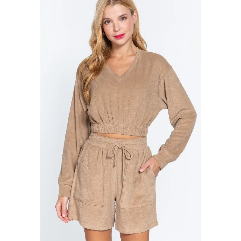 Elasticized Hem Terry Toweling Top Stylish Women's Tropical 