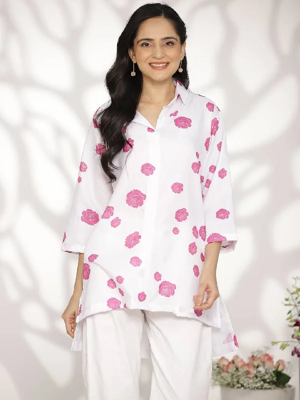 White&Purple FloralCottonSlub ShirtTop Edgy Women's Punk