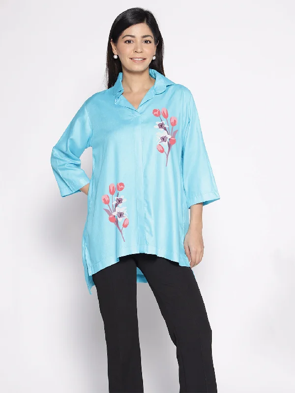 Turquoise Rayon ShirtTop - Ranunkel Laid - back Women's Style