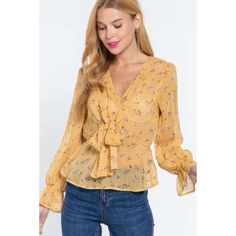 Ocher Rust Ruffle Sleeve Peplum Print Woven Top Cashmere