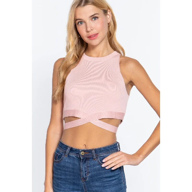 Sleeveless Crew Neck Waist Tie Crop Sweater Top Bohemian Women's Free