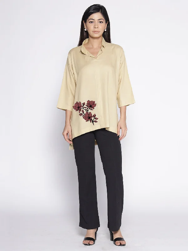 Beige Rayon ShirtTop - Euphorbia Feminine Women's Style 