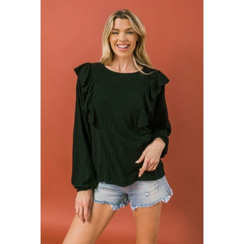 Black Polyester Round Neckline Front Ruffle Detail Knit Top Confident Women's Power