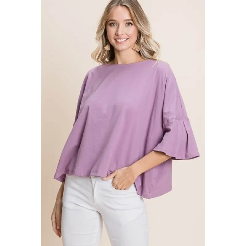 Solid Cotton Casual Top with Pleated Bell Sleeves European