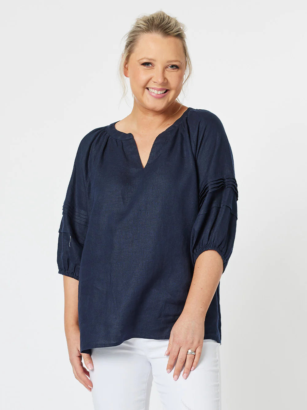 Diana Linen Pleat Top - Navy Contemporary 
