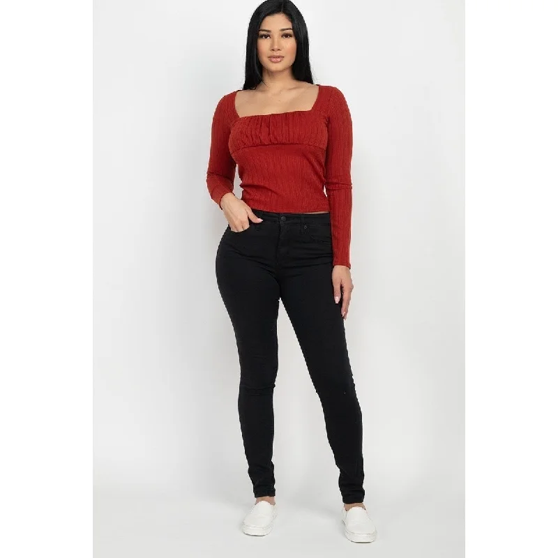 Long Sleeve Shirred Square Neck Top Laid - back Women's Vibe