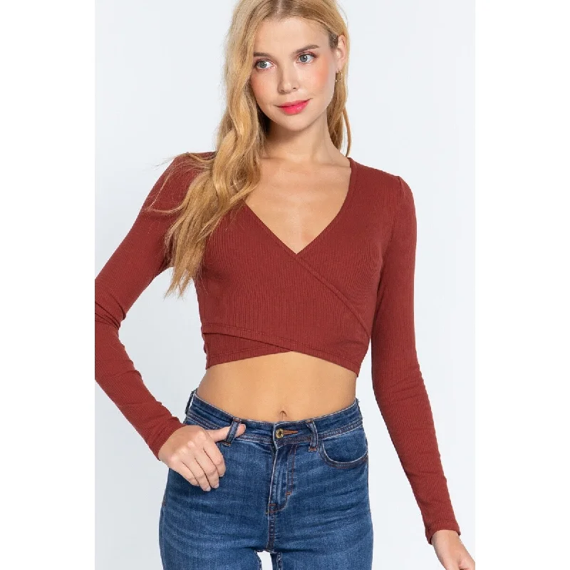 Long Sleeves Surplice with Tie Rib Knit Top and Back Waist Tie Classic Women's Pin - striped Long Sleeves Surplice with Tie Rib Knit Top and Back Waist Tie Classic Women's Pin - striped