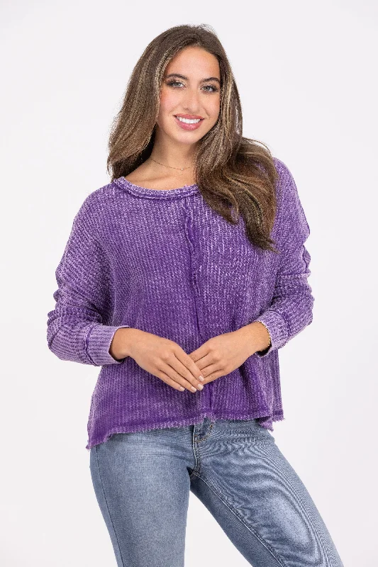 Not Too Fast Women's Washed Waffle Knit Long Sleeve Top Edgy Women's Punk