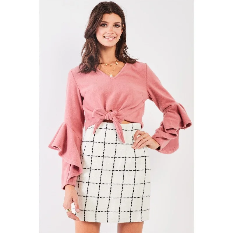 Fuzzy long ruffle sleeve v-neck self-tie front detail cropped top Cool Women's Skate Fuzzy long ruffle sleeve v-neck self-tie front detail cropped top Cool Women's Skate