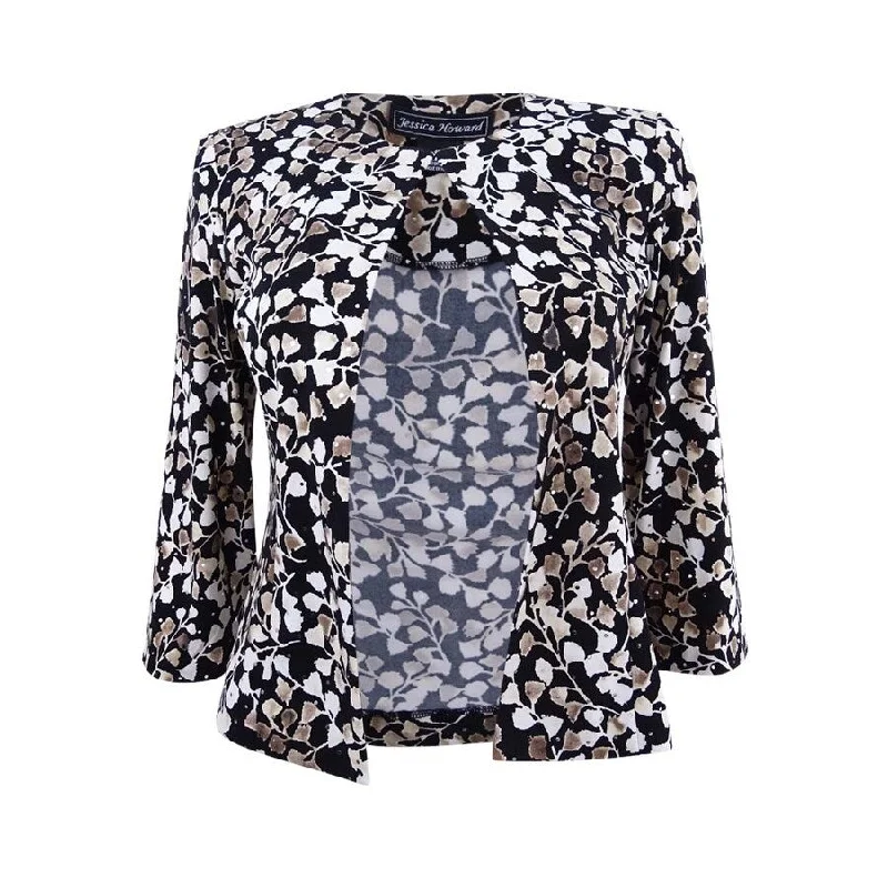 Jessica Howard Women's Leaf-Print Jacket 6, Black/Ivory Sporty Women's Tennis