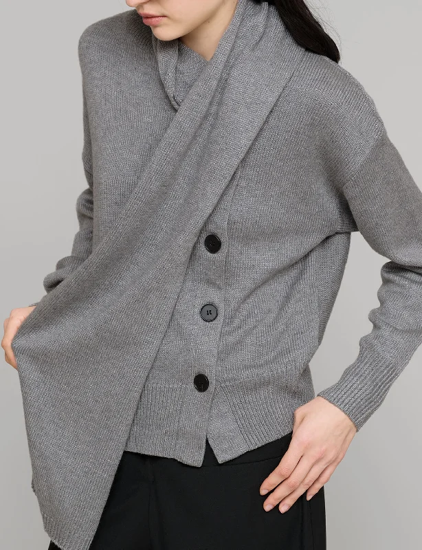 Grey Scarf Button Sweater Classic Women's Tweed