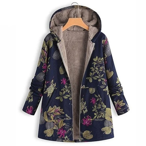 Women's Fashion Leaves Floral Print Fluffy Fur Hooded Long Sleeve Vintage Casual Coat Vacation