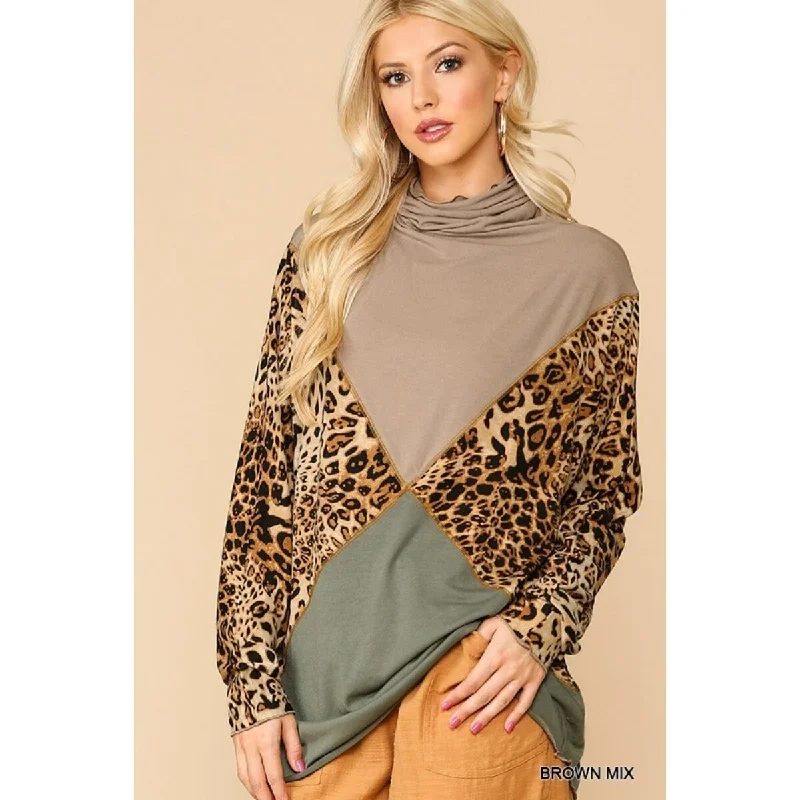 Solid And Animal Print Mixed Knit Turtleneck Top With Long Sleeves Practical Women's Quick - dry Solid And Animal Print Mixed Knit Turtleneck Top With Long Sleeves Practical Women's Quick - dry