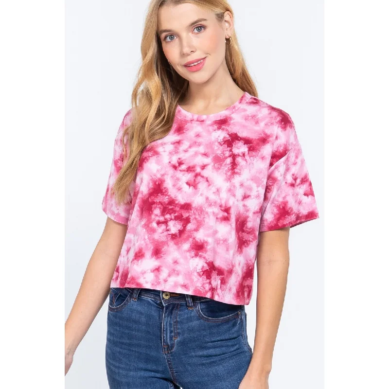 Pink Tie Dye Cotton Jersey Crop Top with Round Neck Athletic Women's High - 