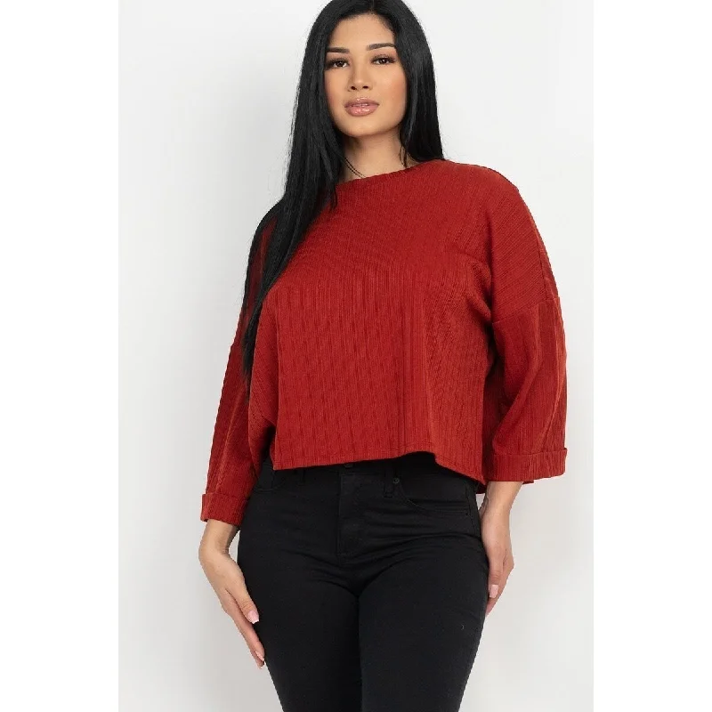 Roll-Up 3/4 Sleeves Drop Shoulder Top Feminine Women's Style 