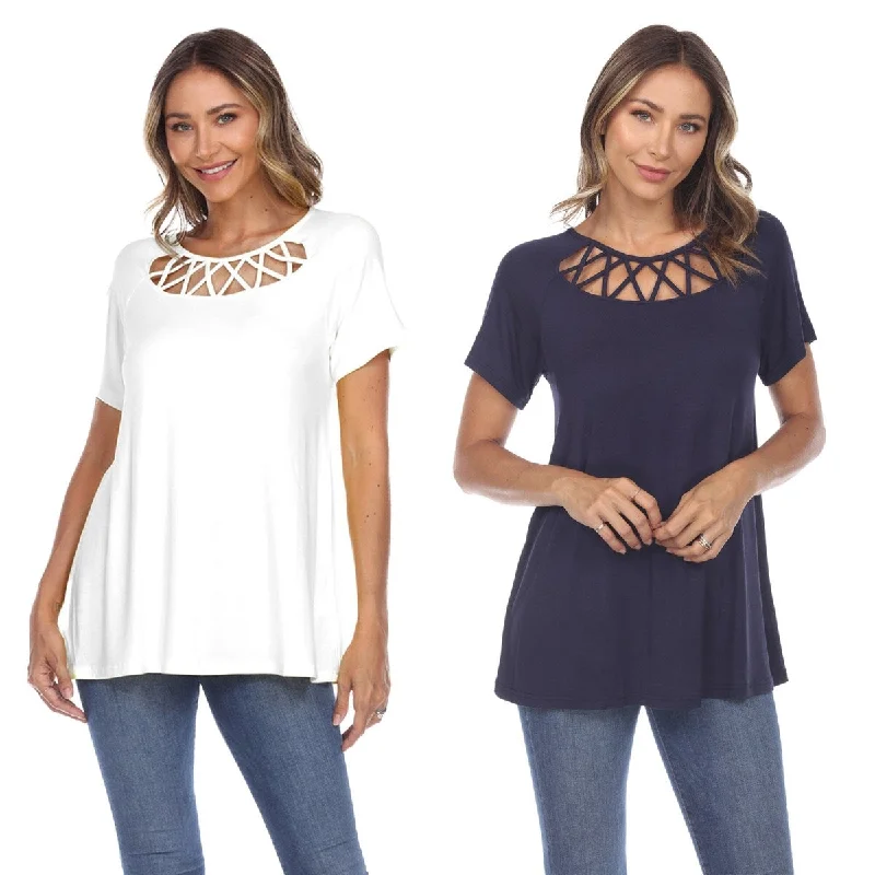 White Mark Womens Pack Of 2 White Crisscross Short Sleeve Top Streetwear Style for 