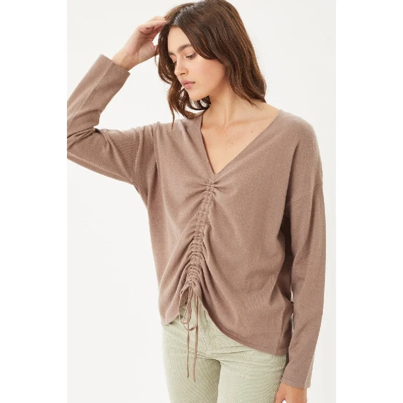 Coco Brown V-neckline Drawstring Ruched Top Modern Women's 