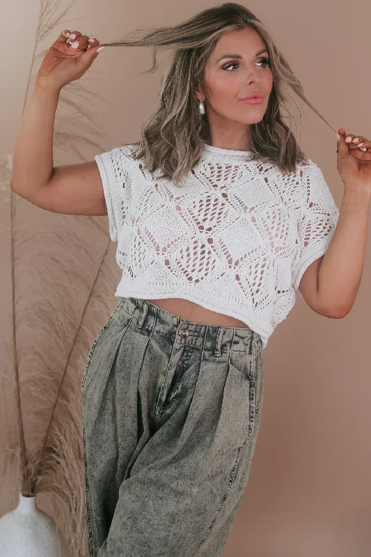 Crochet Short Sleeve Sweater Top, Natural Hip Women's Retro
