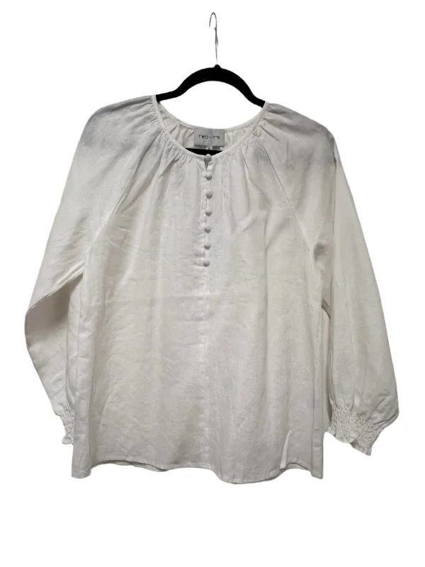 Linen Button Front Top - White Feminine Women's Soft 