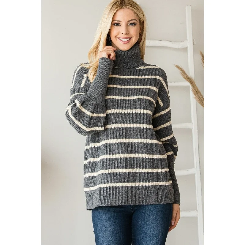 Long Sleeve Grey Heavy Knit Striped Turtle Neck Knit Sweater Youthful Women's Anime - inspired Long Sleeve Grey Heavy Knit Striped Turtle Neck Knit Sweater Youthful Women's Anime - inspired