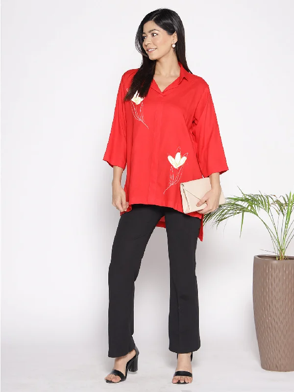 Red Rayon ShirtTop - Kardelen Luxurious Women's High -  end