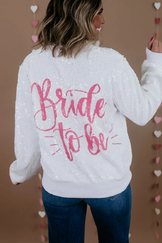 Bride Sequin Bomber Jacket, White Dapper Women's Bow - adorned