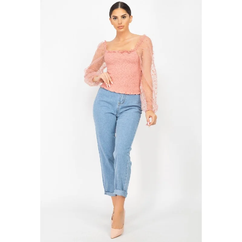 Polyester Solid Square Neck Smocking Top Refined Women's Classic 