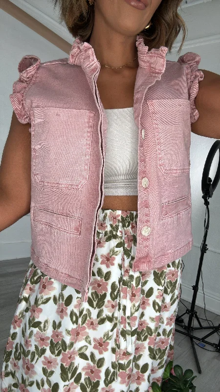 Della Denim Ruffle Sleeve Vest, Pink Athletic Women's High - 
