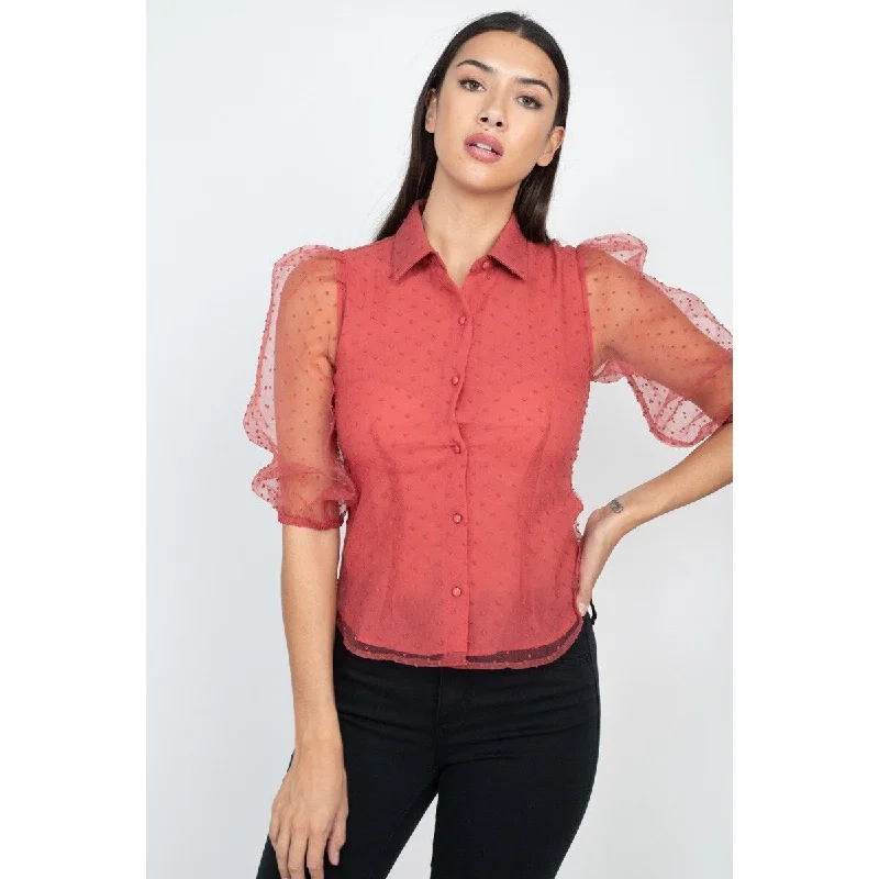 Marsala Polyester Contrast Dot Print Top with Puffed Sleeve Elegant Women's 