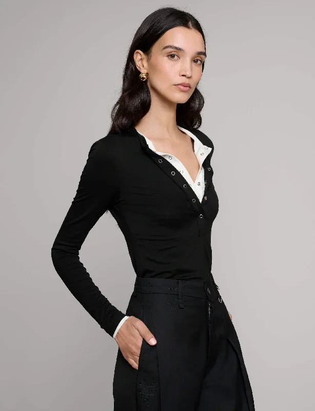 Contrast Snap Button Henley Top Feminine Women's Soft 
