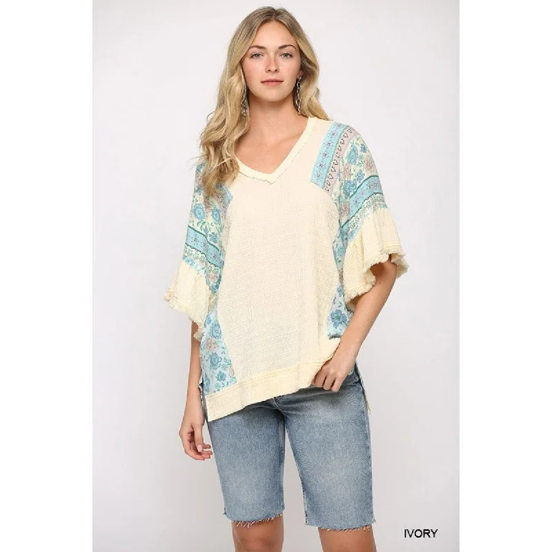 Nylon Texture Knit And Print Mixed Hi-Low Hem Top Contemporary 