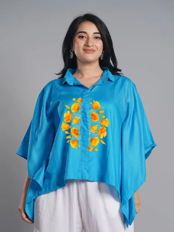 Turquoise Kaftan Top - Blossom Accent Traditional Women's 
