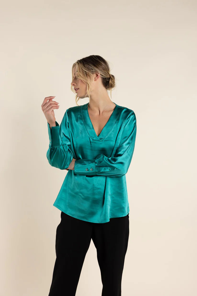 Satin V Neck Top - Forest Sophisticated Women's Tailored
