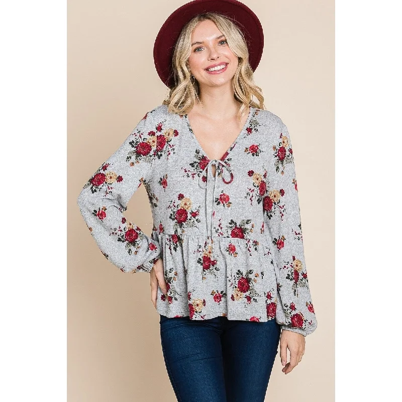 Floral Printed Baby doll Top with Elastic Cuff Sleeves Relaxed Women's Beachy