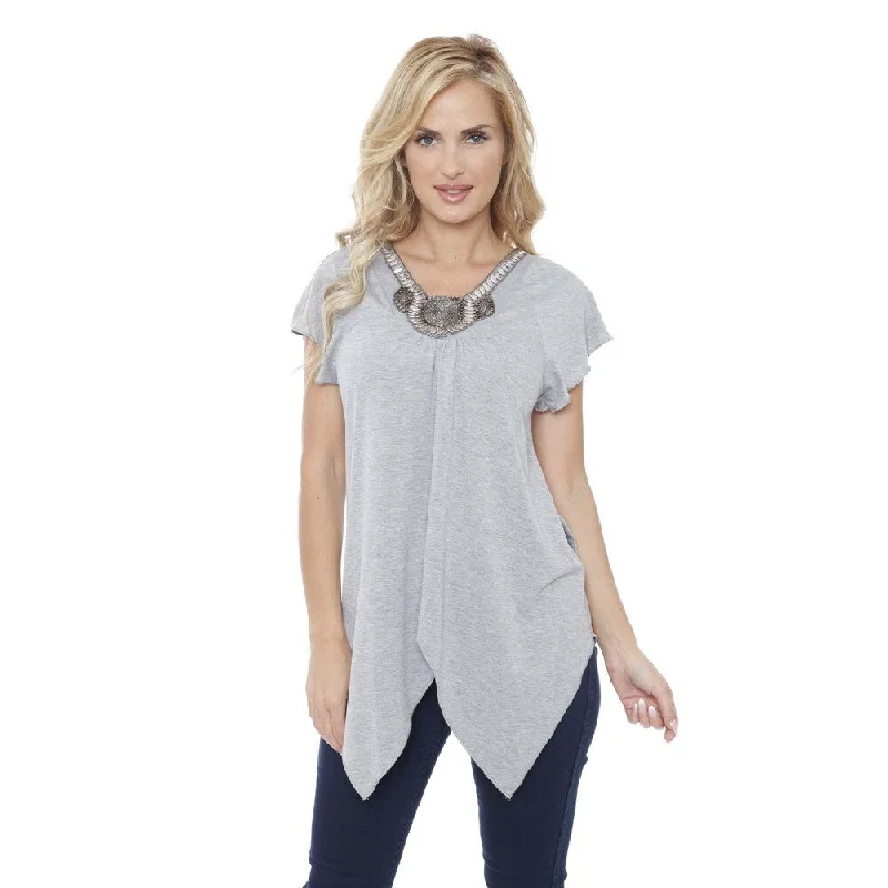 White Mark Women's Fenella Embellished Neck Top Minimalist Women's Casual